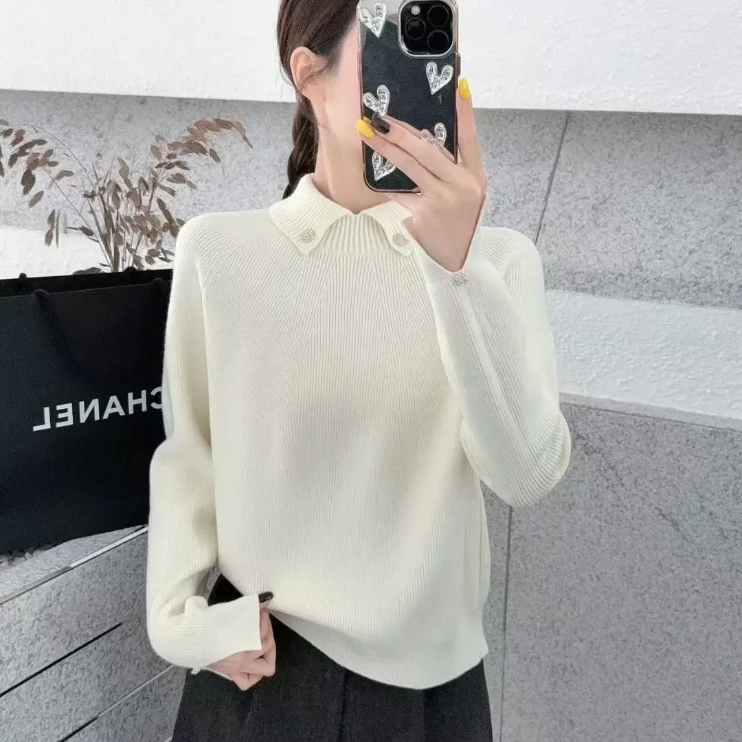 女针织衫韩系POLO领长袖秋冬显瘦遮肉纯色打底针织上衣