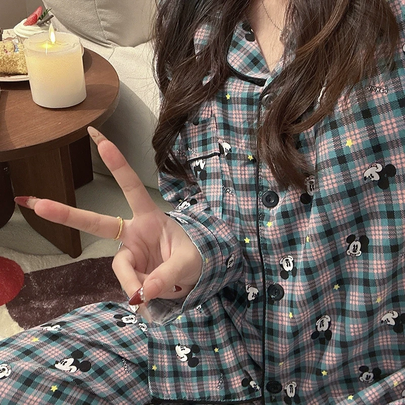 卡通日系格子mickey春秋季睡衣女云朵棉带胸垫薄款长袖长裤家居服