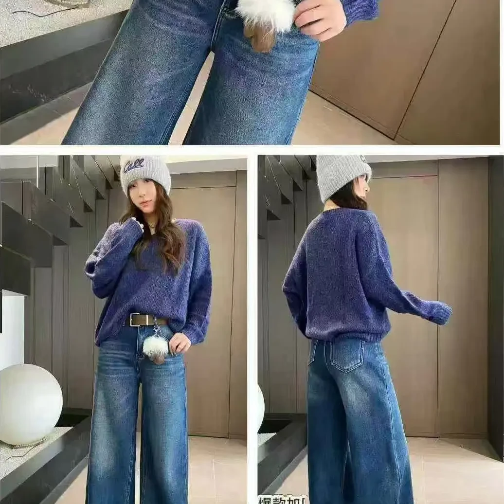 秋冬新款加绒高腰阔腿牛仔裤女复古设计感显瘦