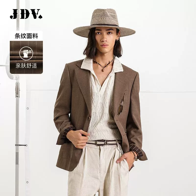 J.D.V男装2025商场同款春夏新款棕色条纹戗驳领西装西服外套