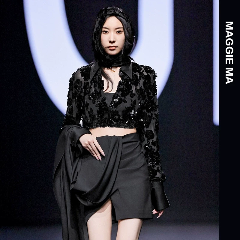 MAGGIE MA马婧设计师款女神范重工闪闪亮片轻奢百搭衬衫上衣832S