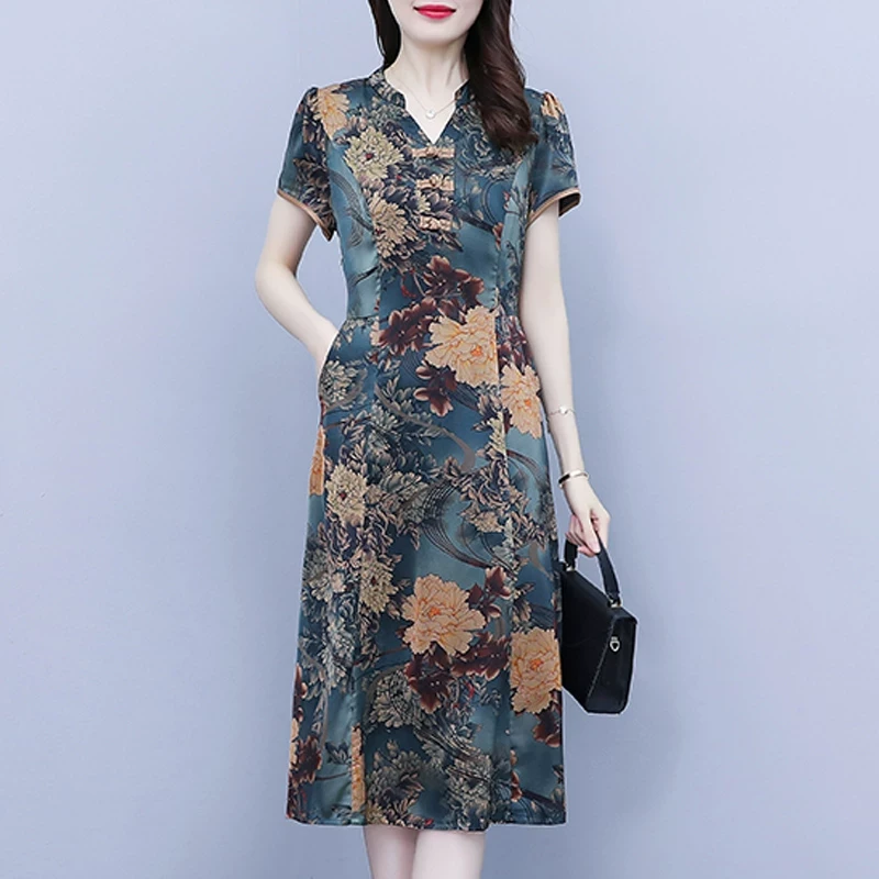 旗袍贵妇人连衣裙2022年夏季新款高端大码女装胖mm显瘦复古风裙子