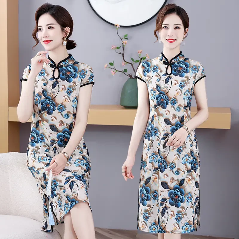 新款夏季妈妈装新中式短袖连衣裙改良旗袍复古时尚过膝中长裙子