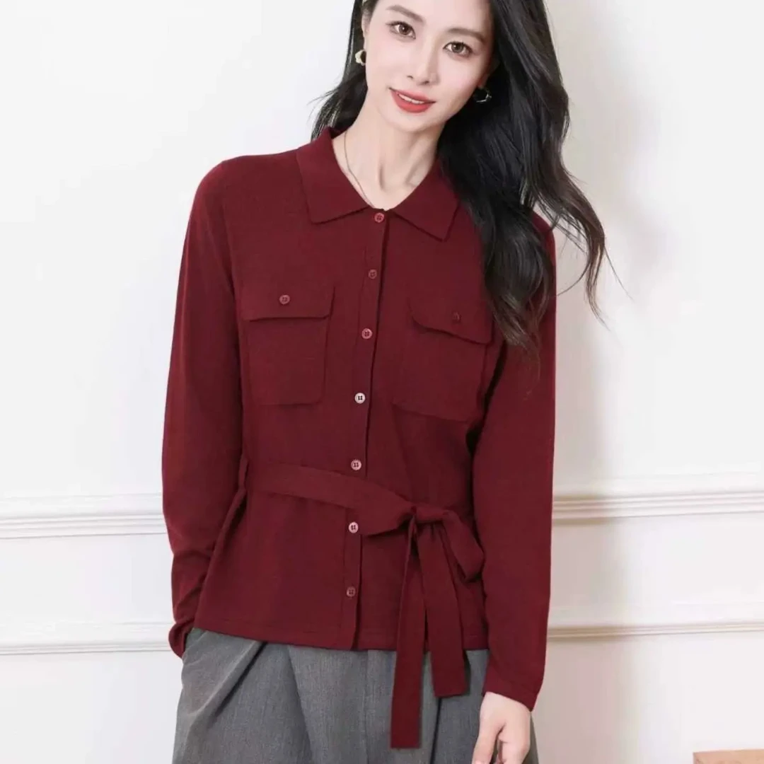 【清仓福利】精纺羊毛POLO领收腰毛衣开衫女百搭上衣（衣长57)NC