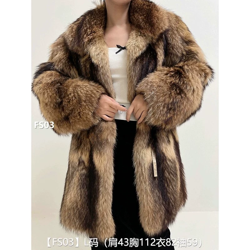 XXXX【FS03】L码 浣熊毛中长款整皮狐狸毛外套（肩43胸112衣82袖59）