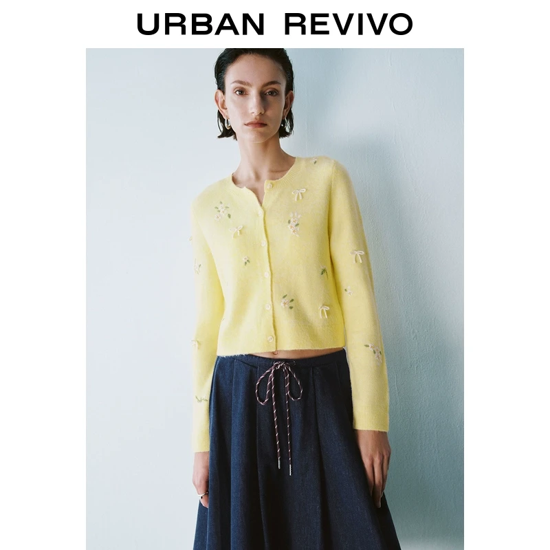 UR2025春季新款女装欧若风减龄休闲蝴蝶结刺绣针织开衫UYY950016