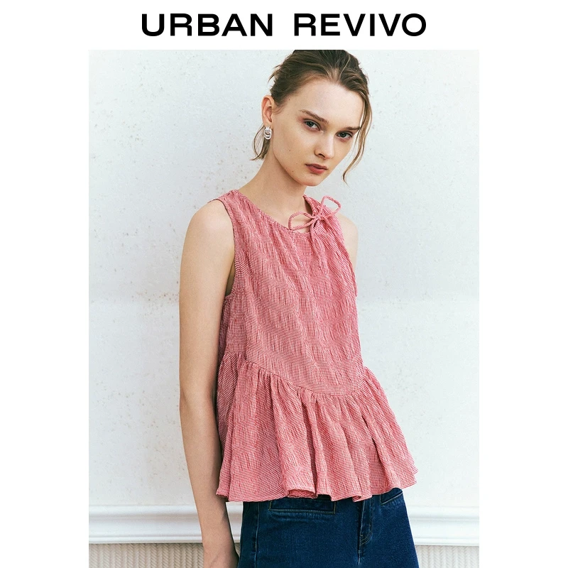 UR女装欧若精灵风时尚撞色格纹压褶无袖罩衫衬衫UYU240011