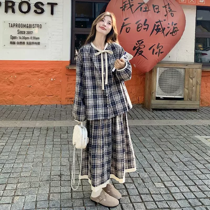韩系慵懒风休闲格纹套装裙女2025早春新款松弛感穿搭半身裙两件套