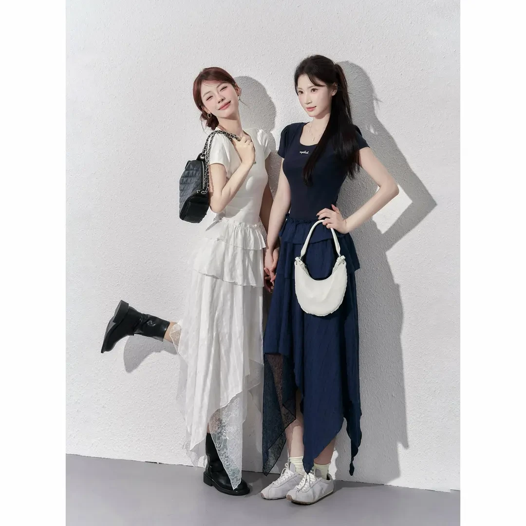 夏季新款简约不规则设计蕾丝网纱连衣裙女韩版气质收腰精致短裙子