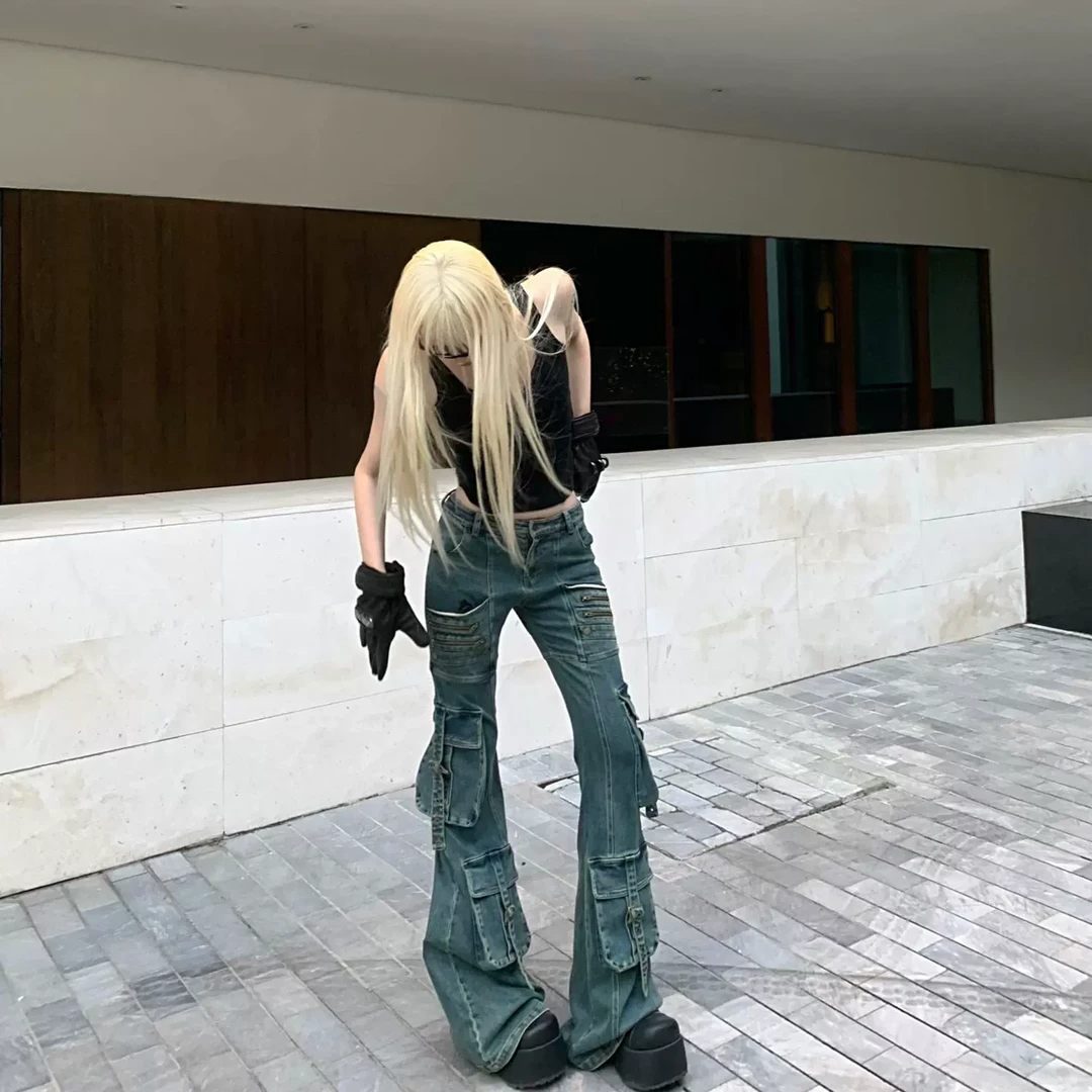 Rase le sol‘Tactical Forces’复古多口袋低腰微喇工装牛仔裤