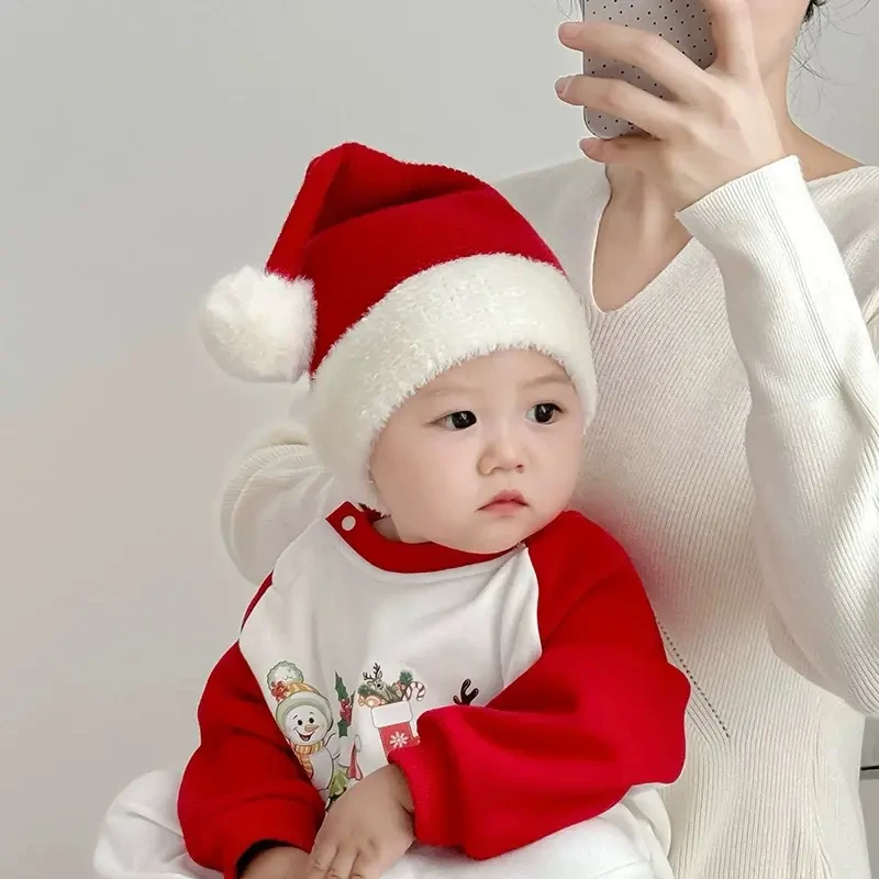 冬季婴儿圣诞帽可爱毛球宝宝保暖帽子婴幼儿冬天红色新年套头帽冬
