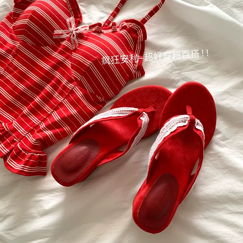 自由与浪漫~INS温柔复古红色厚底人字拖女夏气质外穿百搭露趾凉鞋