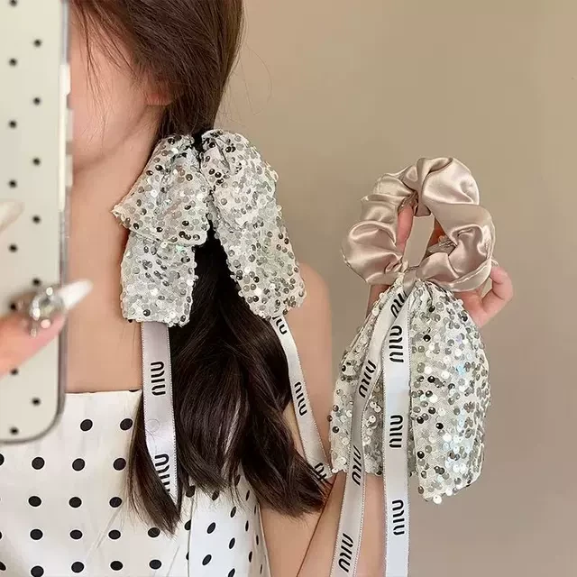 韩版超闪蝴蝶结飘带大肠发圈女2025新款高级感气质百搭扎头发头绳