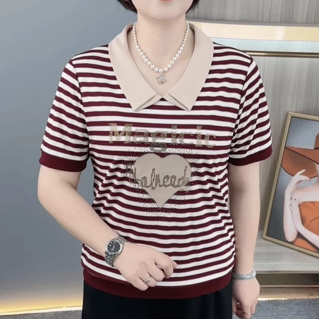妈妈装短袖2025夏季新款时尚娃娃领条纹烫钻T恤休闲宽松遮肚上衣