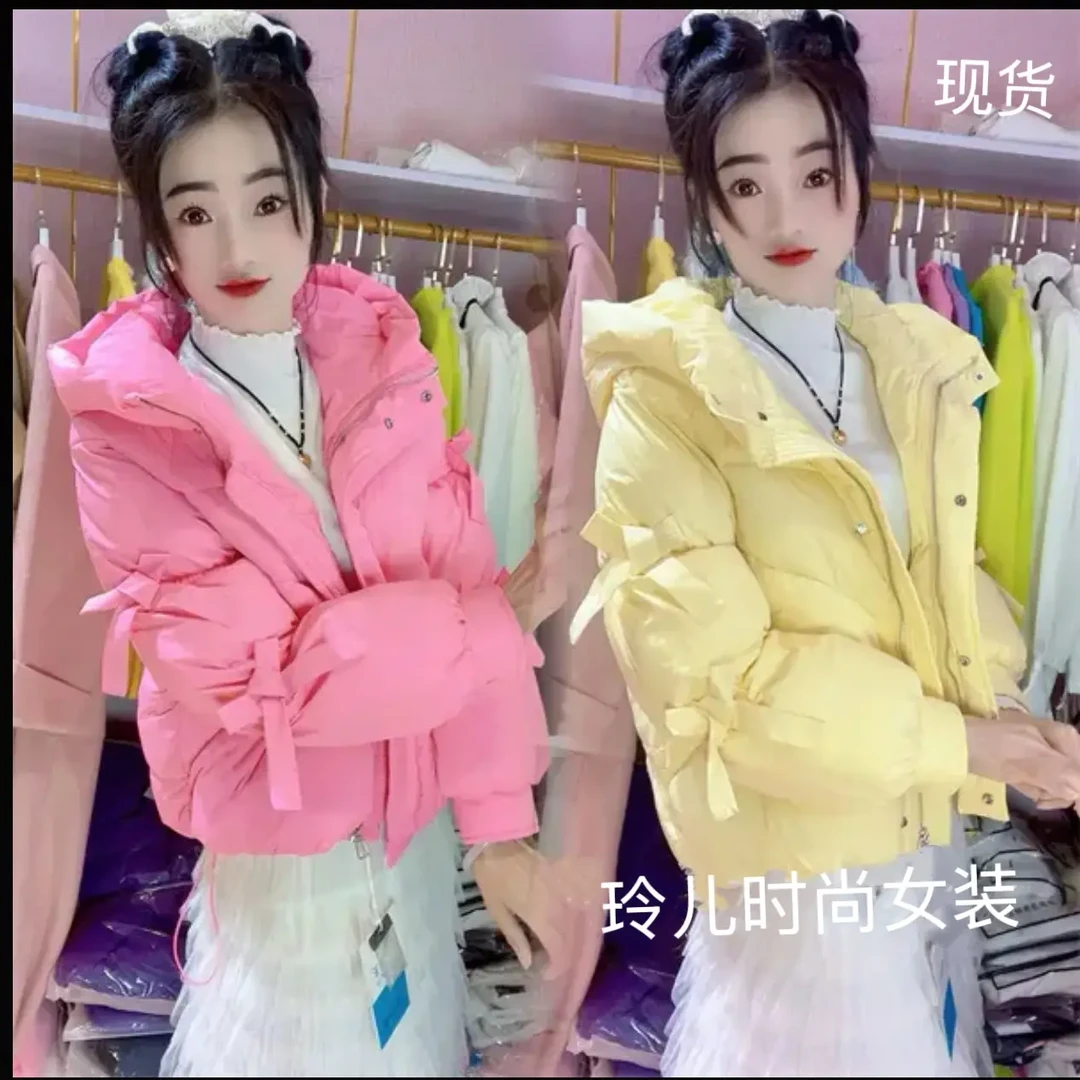 韩系甜美蝴蝶结连帽棉服女冬季新款小个子洋气休闲减龄外套