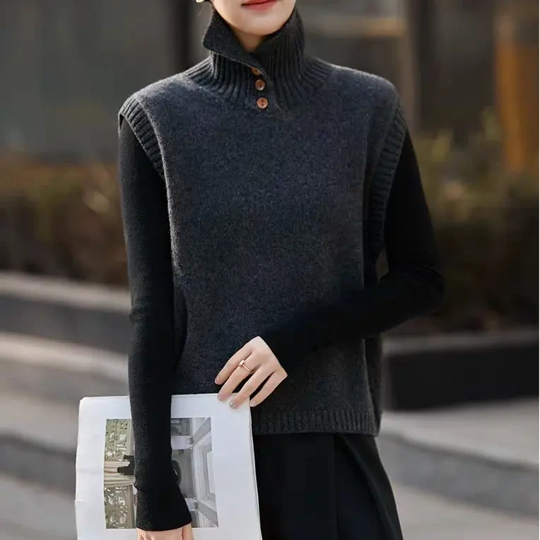 V领宽松慵懒风针织马甲女秋冬韩版新中式国风外穿百搭叠穿半高领