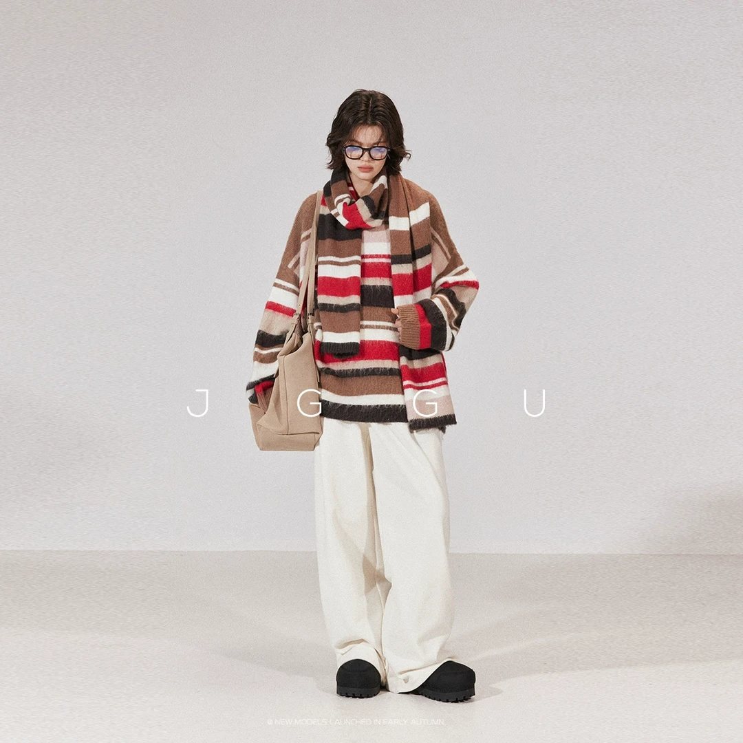 JGGU晶咕黑标【节日庆典】撞色条纹长毛针织毛衣围巾套装JG11240311