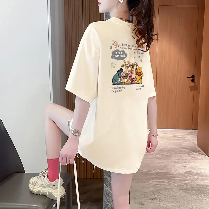 欧货杏色宽松卡通印花短袖T恤女2025款白色纯棉半袖遮臀上衣