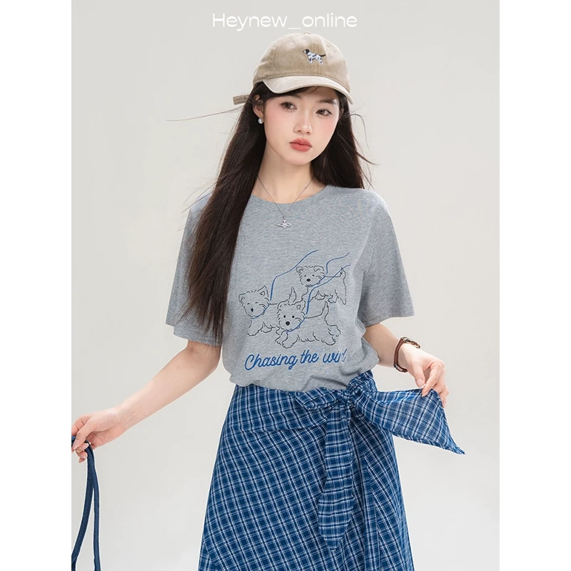 【黑妞 新品上新 】奔跑小狗圆领T恤白色纯棉夏季小众宽松-5C1405