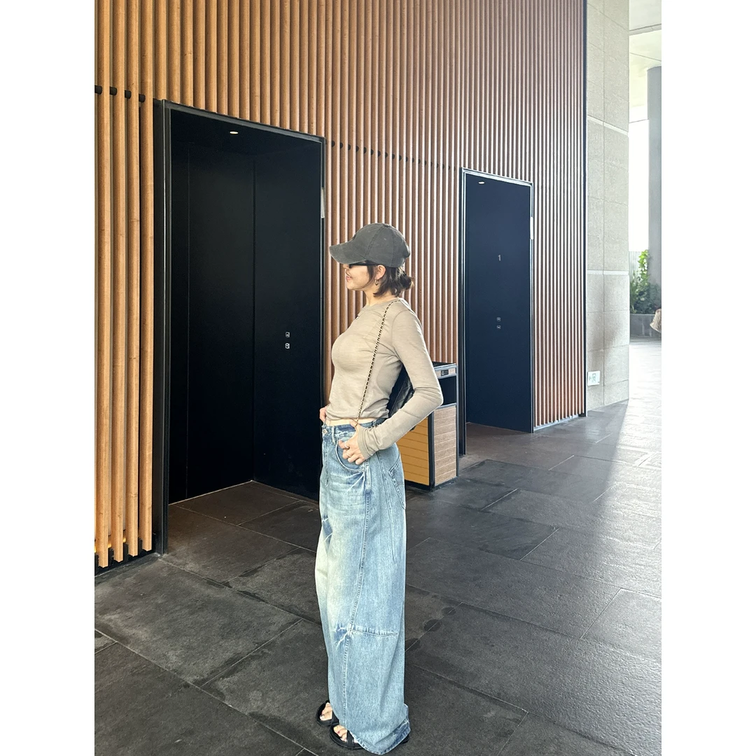 YANGLE_2025春季新款阔腿牛仔裤女高腰宽松慵懒松弛感茧型镰刀裤