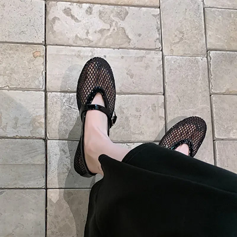 羊皮版~真皮镂空网面凉鞋女夏季一字扣带圆头平底浅口玛丽珍单鞋