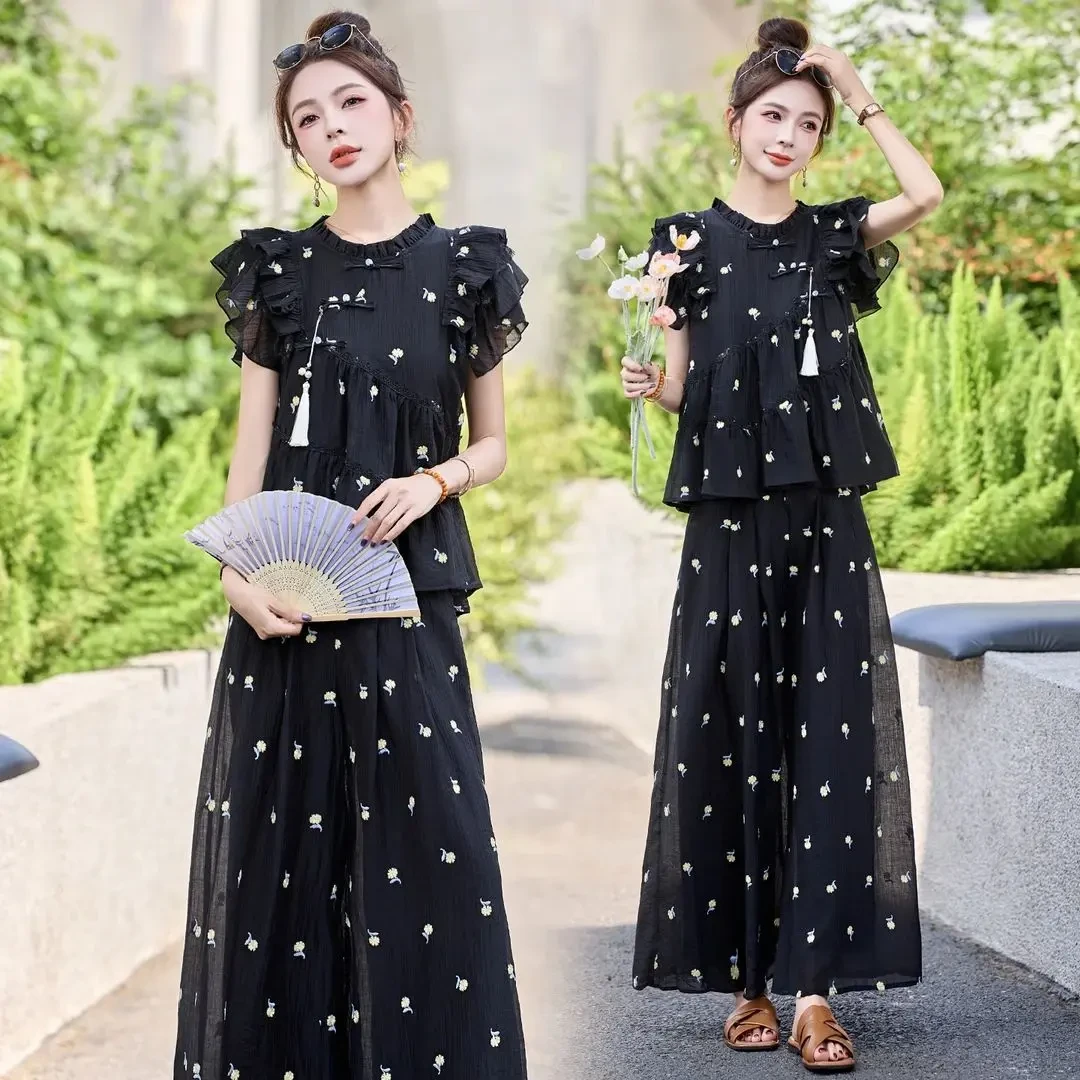 新款新中式国风刺绣盘扣套装女2025夏季高级感气质阔腿裙裤两件套