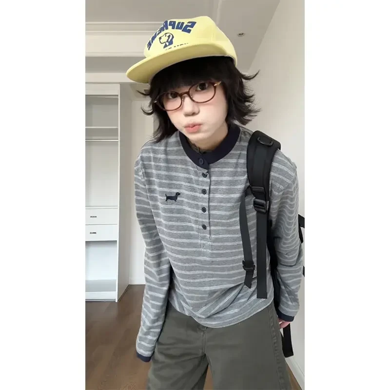 刺绣条纹长袖Polo衫男款日常慵懒风松弛感卫衣情侣款cleanfit外套