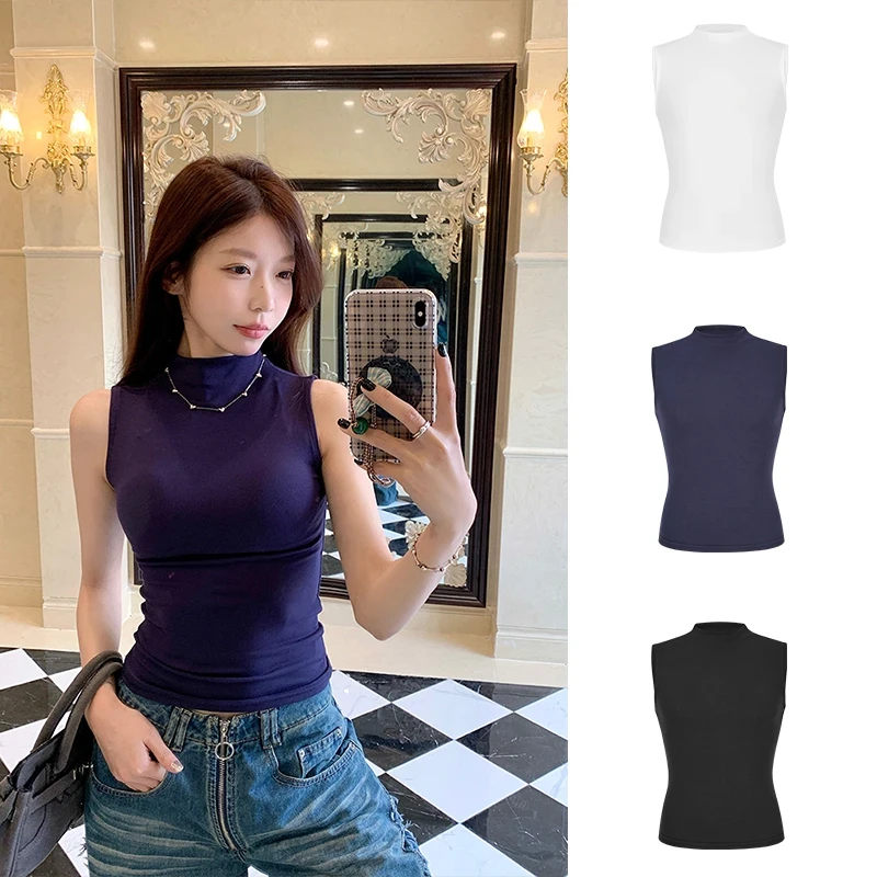 美式半高领修身无袖背心女2025夏季新款白色掐腰显瘦短款单穿上衣