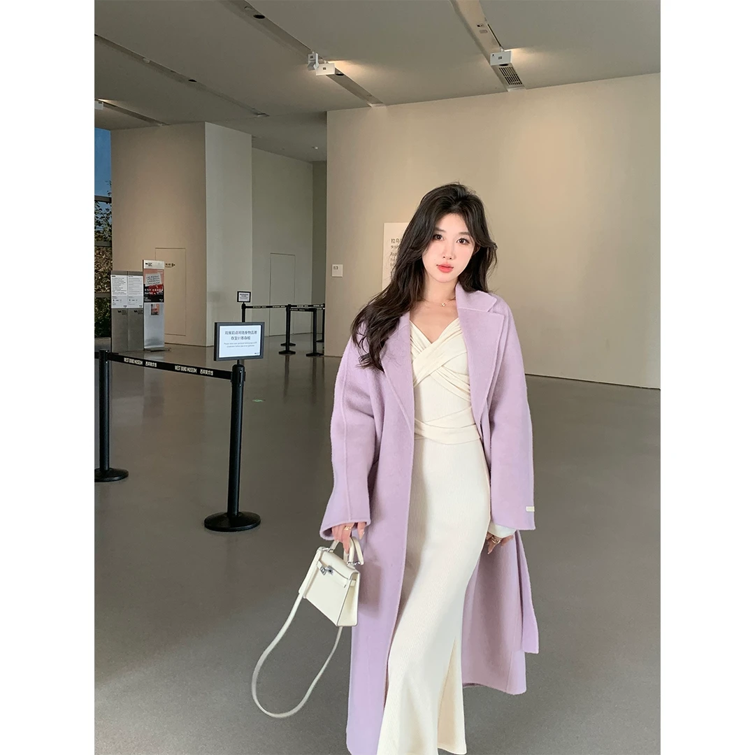 ACHI大也池白色骆驼绒翻领双面呢外套中长款绵羊毛宽松羊绒大衣女