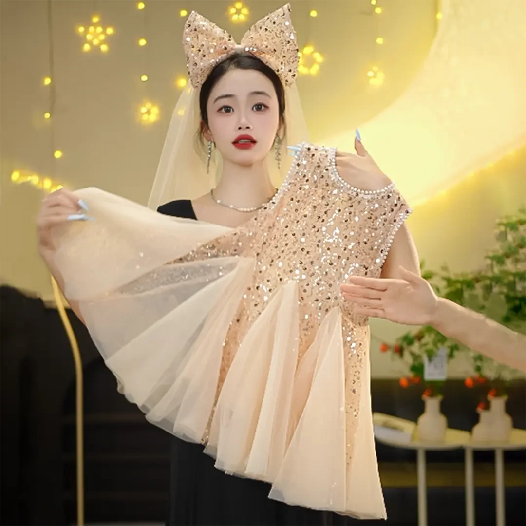 【YX香槟公主】2025女童夏季新款高端定制渐变人鱼亮片裙头纱公主裙