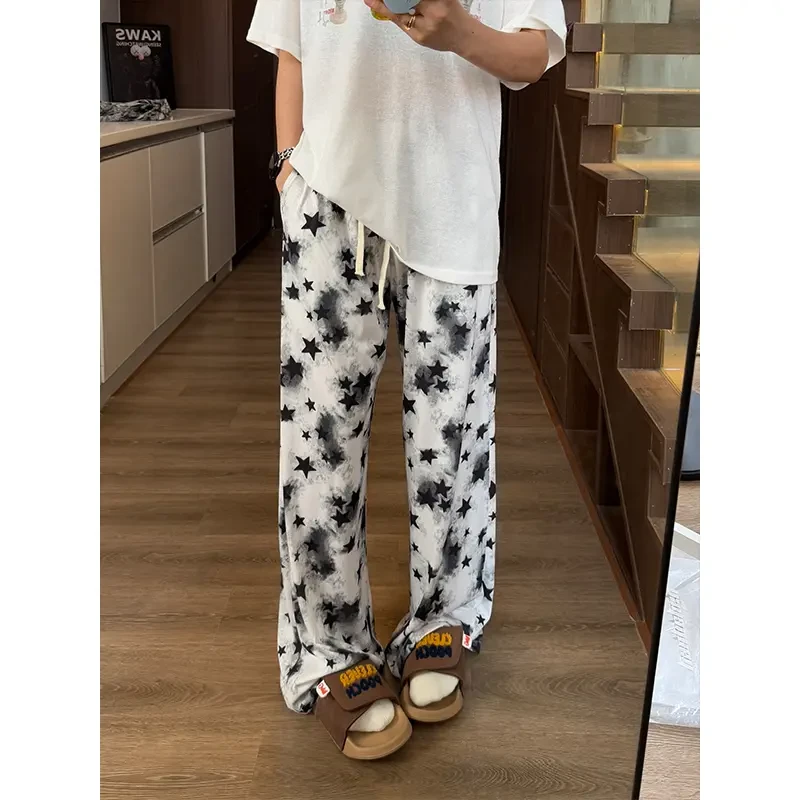 星星扎染冰丝凉感裤子男女款夏季松弛慵懒风直筒裤宽松休闲阔腿裤