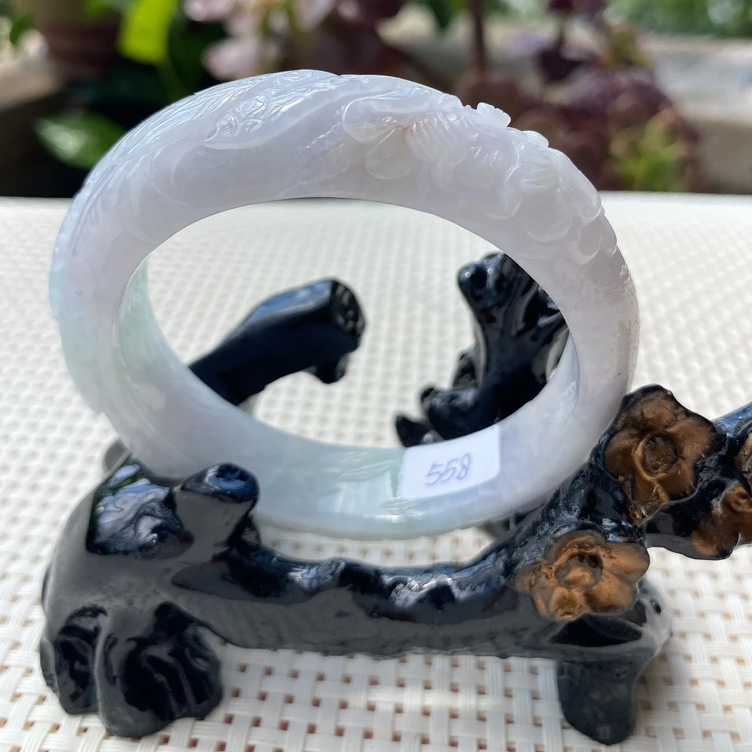 55.8圈蓝紫色凤穿牡丹翡翠雕刻手镯 缅甸天然翡翠A货雕花手镯