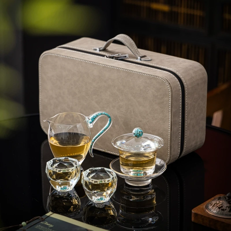 绿松石水晶玻璃轻奢盖碗茶杯高档家用整套三才盖碗功夫茶具套装