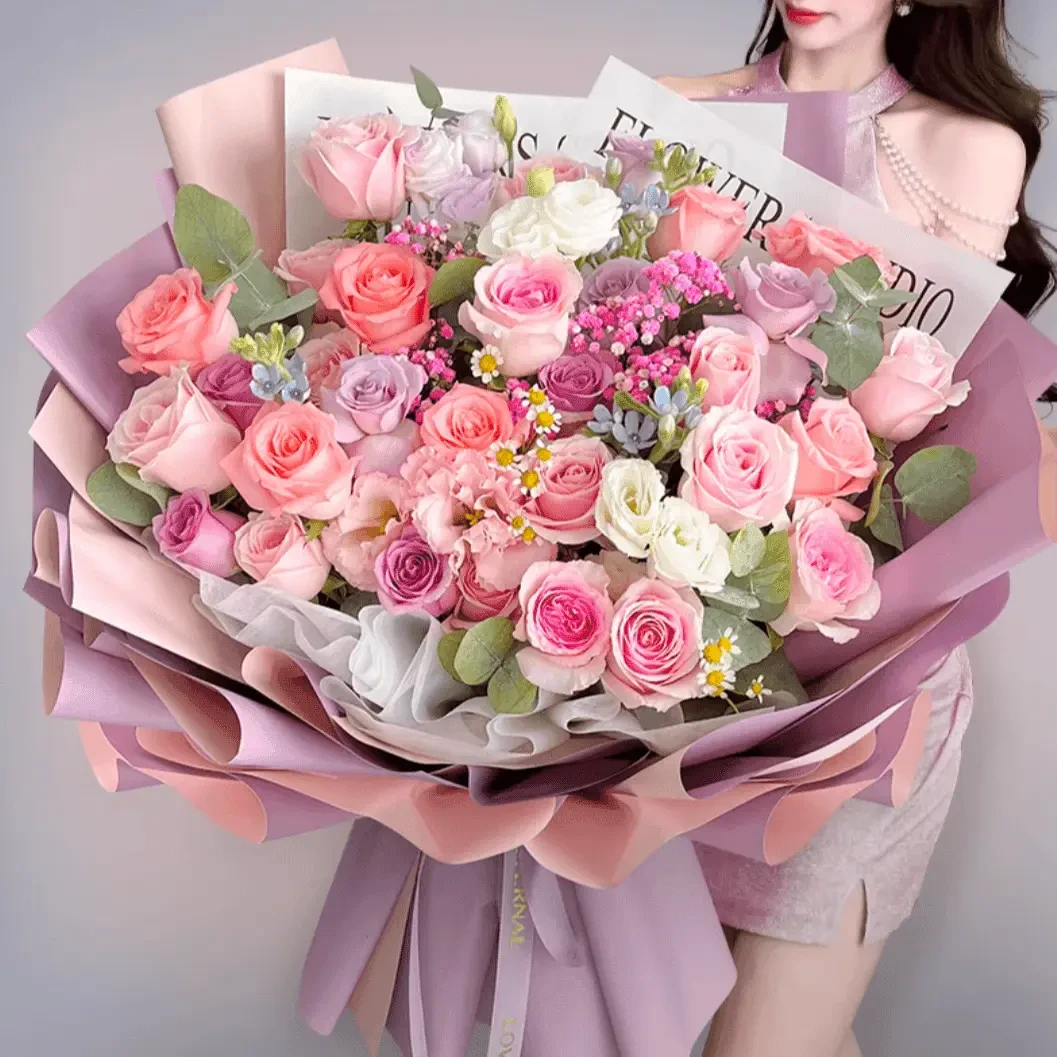 【粉大花束】送闺蜜粉紫玫瑰生日鲜花订购配送货鲜花同城鲜花直送