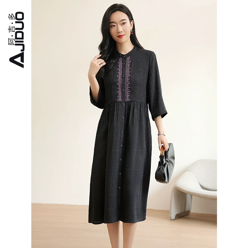 2025年春装新款高端气质显瘦连衣裙女七分袖宽松显瘦黑色提花长裙