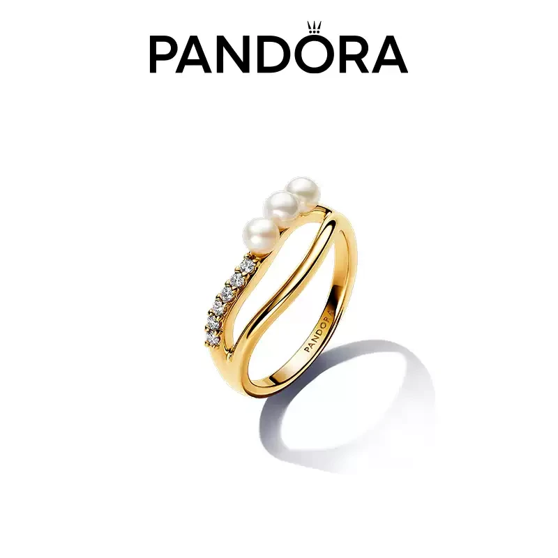 PANDORA/潘多拉不哭珍珠双环戒指金色波浪形戒圈商场同款