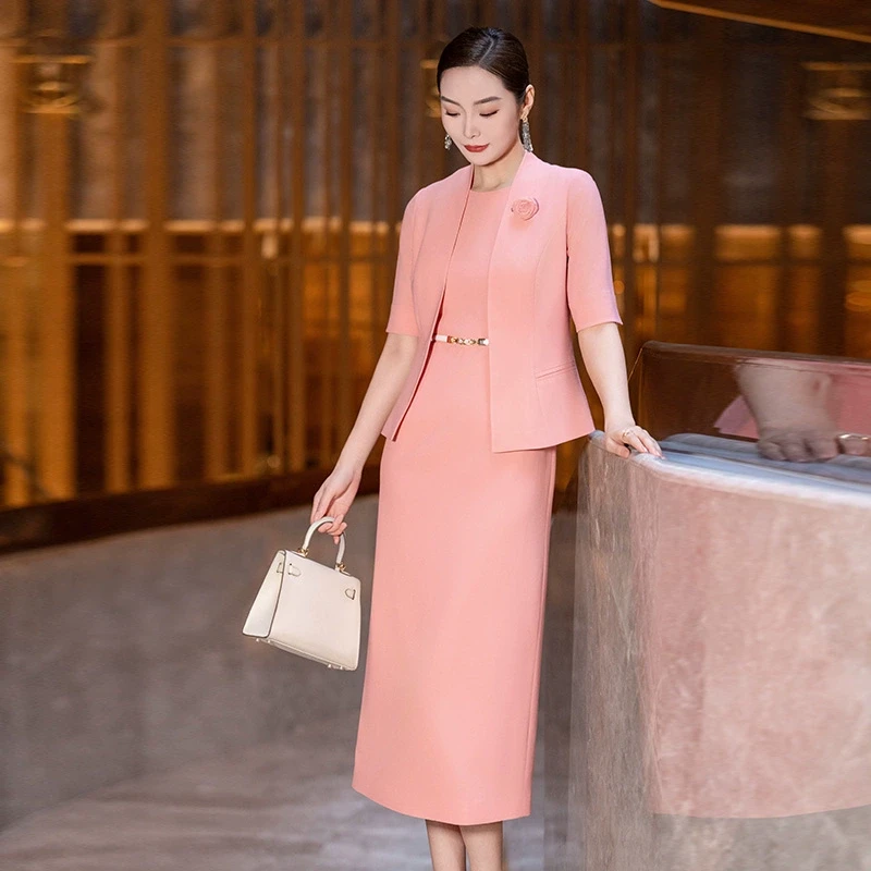 洋气衣服外套气质连衣裙韩版职业时尚套裙显瘦夏季套装粉色修身