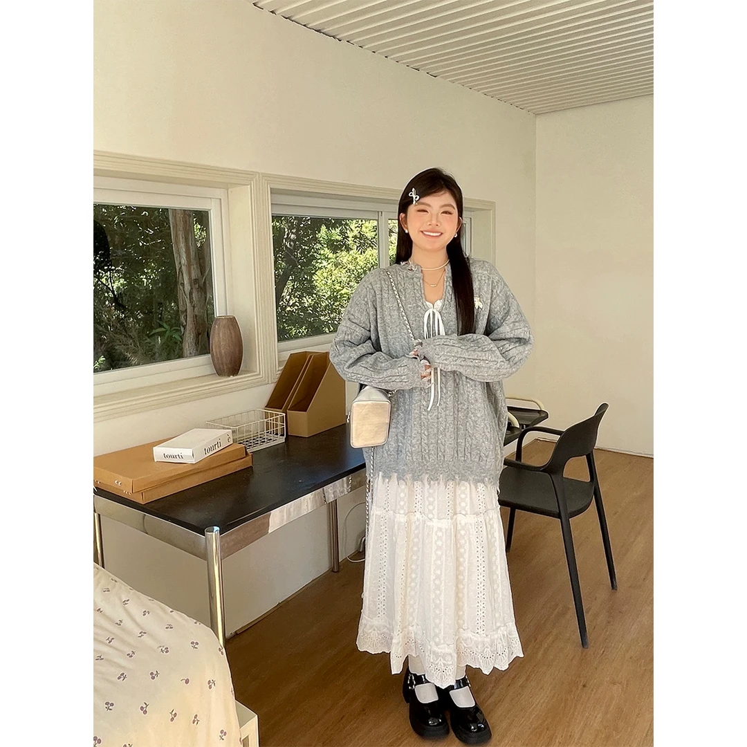 BUMENYLEE大码女装新款慵懒风宽松v领麻花毛衣套装仙女裙超好看