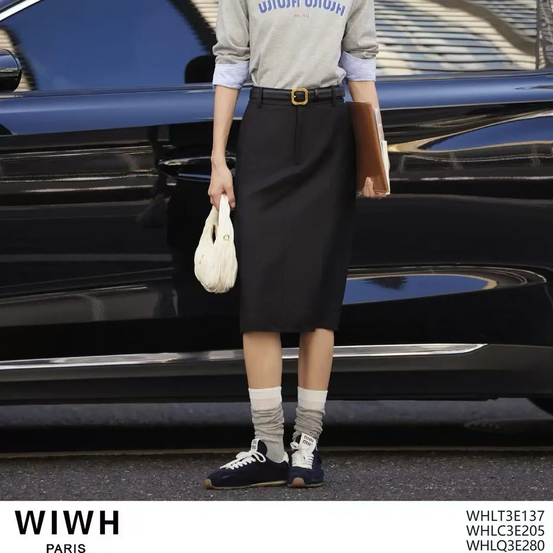WIWH 绵羊毛混纺高腰显瘦侧口袋半身裙