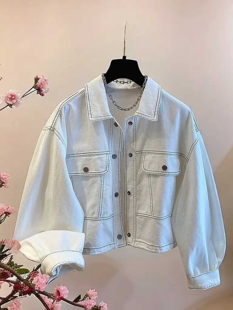 韩国东大门2025开春新款宽松长袖夹克上衣粉色短款牛仔外套女
