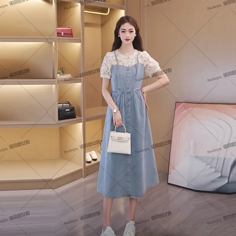 nuobeiyin/诺贝因夏季蕾丝拼接宽松显瘦气质牛仔连衣裙WWW3354