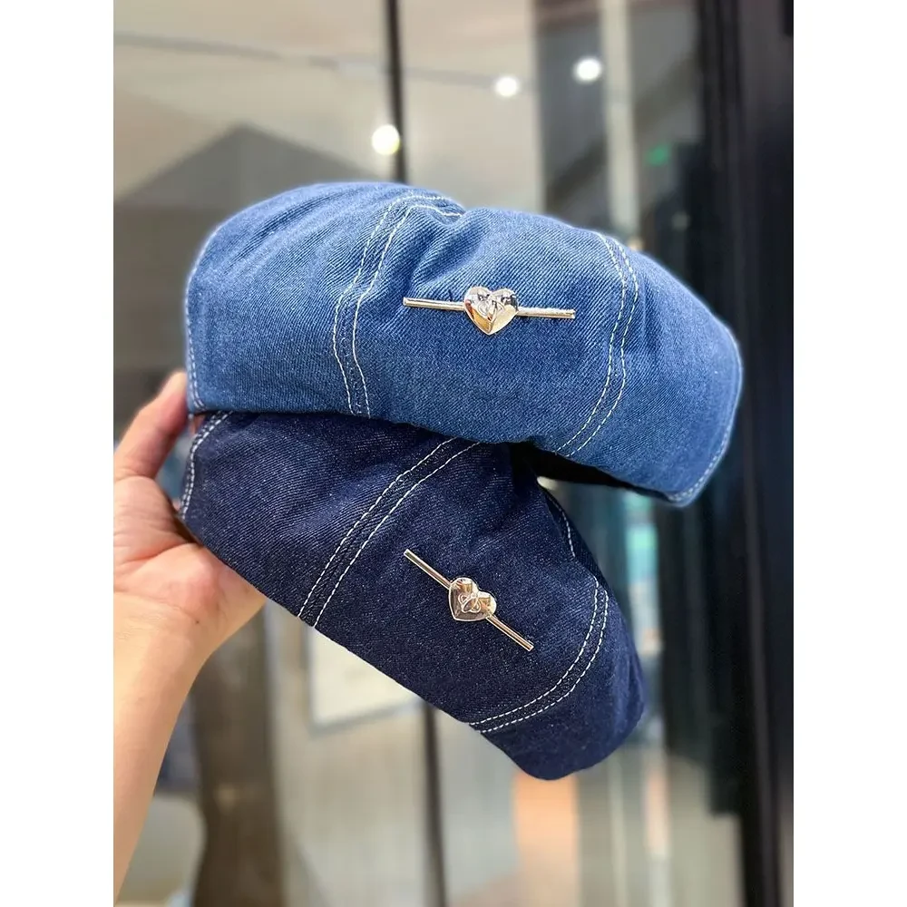 日系复古牛仔贝雷帽韩版甜酷爱心八角帽子百搭显脸小画家帽时尚X