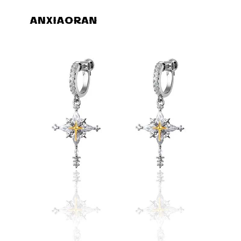 合金耳饰 清冷感冰透雪花锆石寻光十字架耳夹甜酷风无耳洞耳坠ins