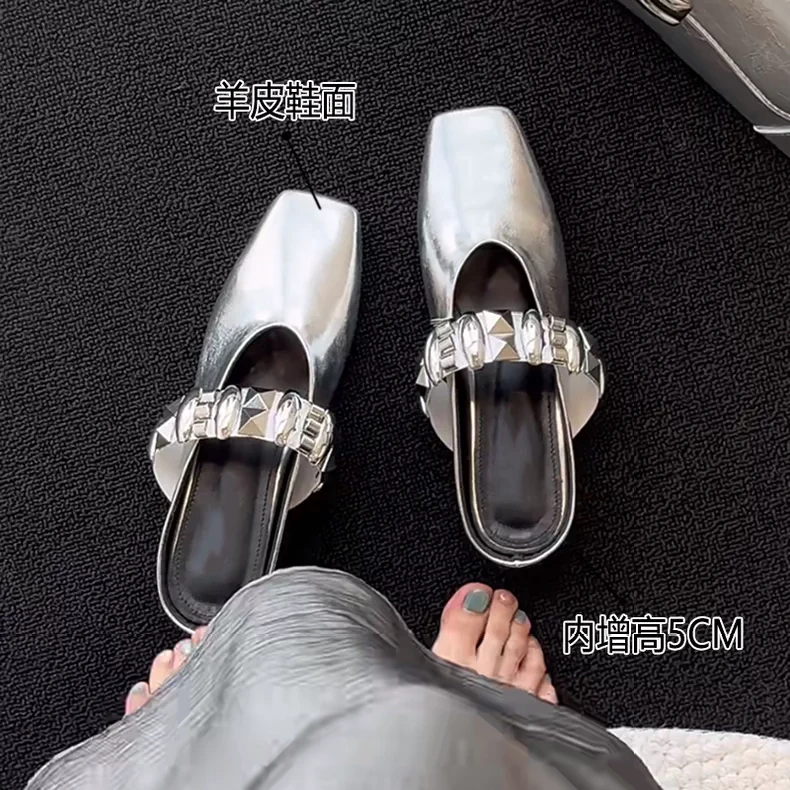 羊皮版内增高5cm英伦风外穿包头拖复古水钻一字扣带夏季款单鞋女