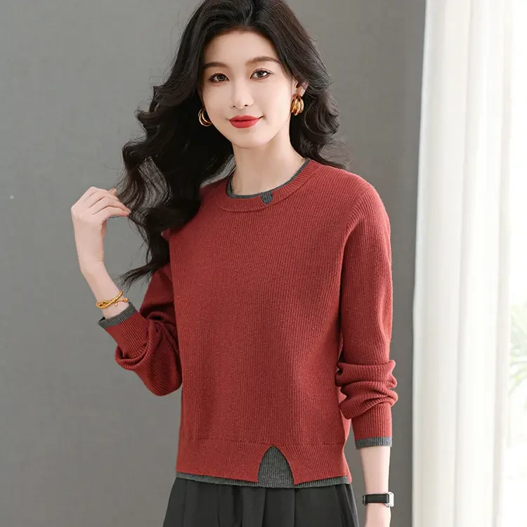2025新款春秋短款宽松打底衫女士时尚针织毛衣圆领纯色长袖上衣