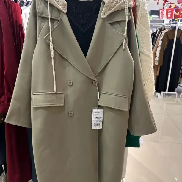 【VV FUSHI】F22092212 时尚简约卡其色针织连帽大衣适合多种场合