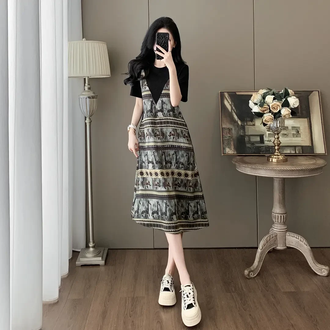 云珀度假民族风假两件连衣裙女夏显瘦遮肚子减龄复古拼接休闲裙子