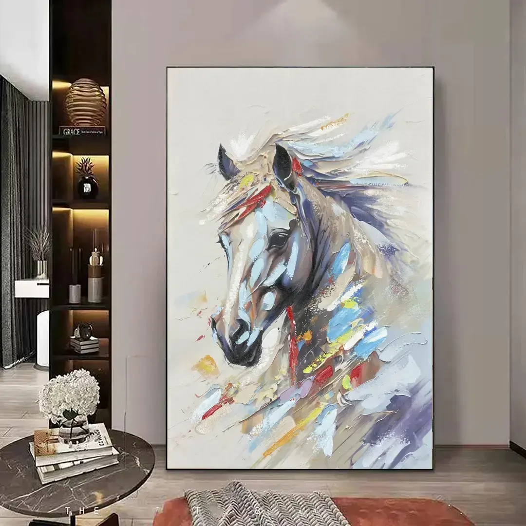 一马当先︱七彩马现代轻奢纯客厅装饰画手工添笔油画沙发墙
