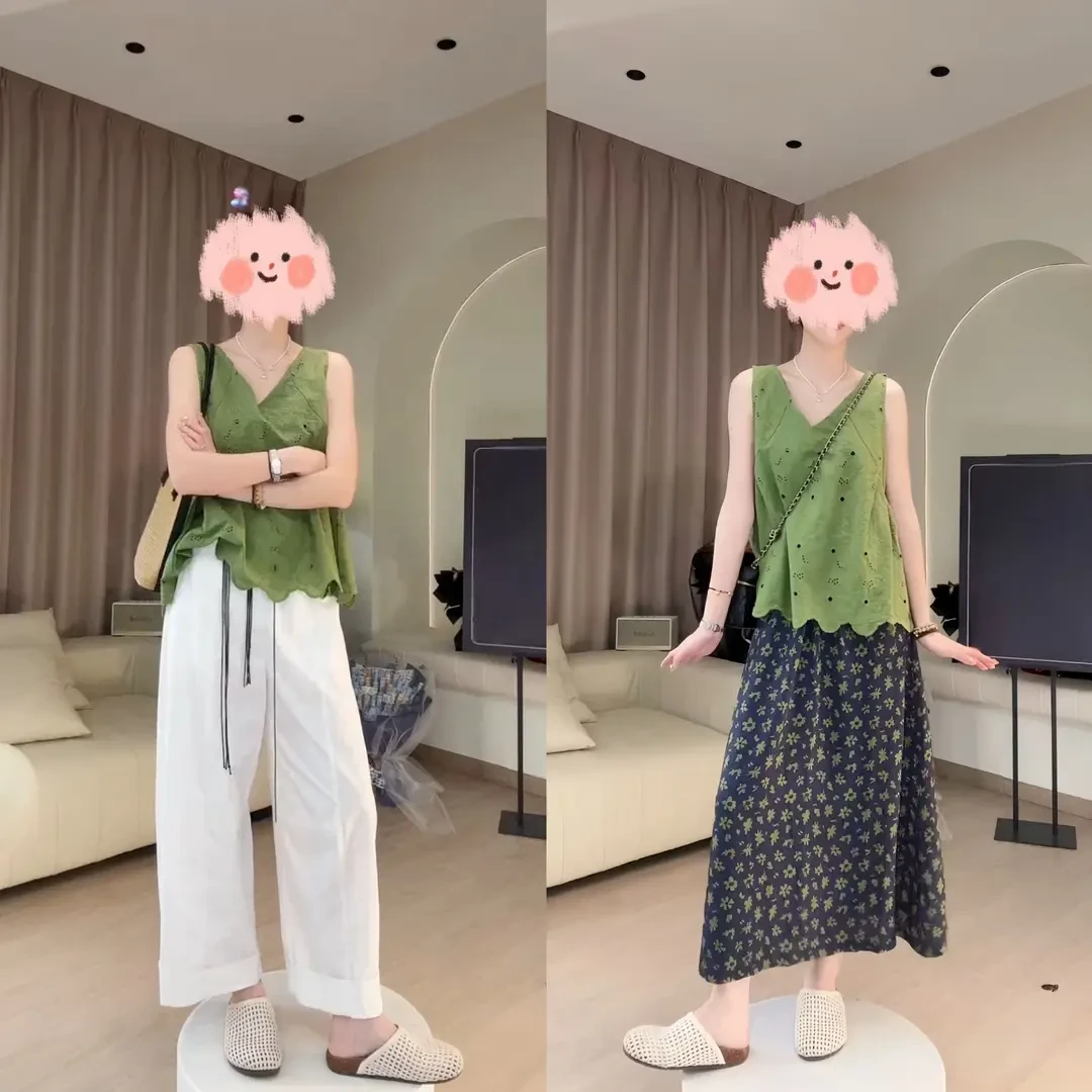 2025夏季韩版时尚百搭显瘦镂空刺绣无袖背心印花半身裙阔腿裤套装