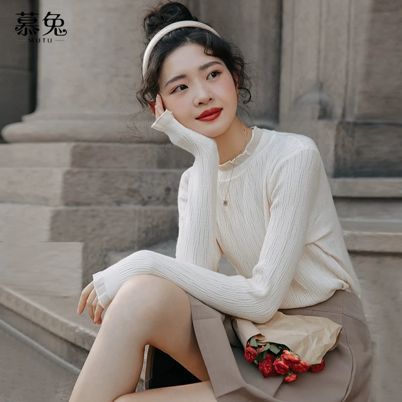 慕兔纯色长袖针织衫女秋季2024新款内搭打底衫毛衣半高领套头上衣